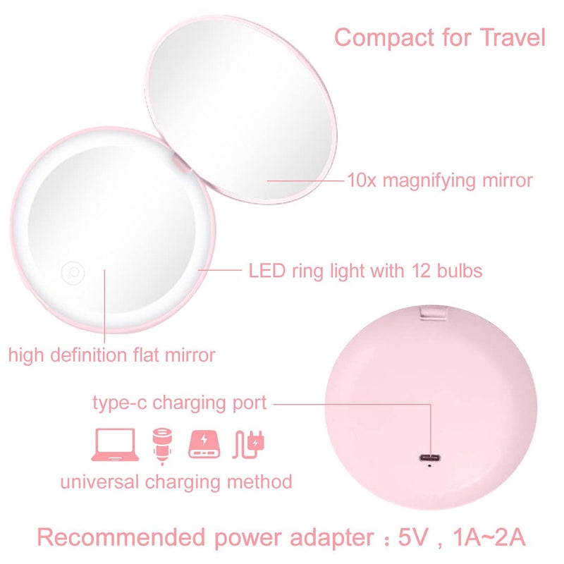 Milishow Compact Mirror with LED Light 1x/10x Magnifying Rechargeable Mirror 3.5in  Dimmable Travel Mirror for Purse Pocket Handheld 2-Sided Makeup Mirror - Image 4